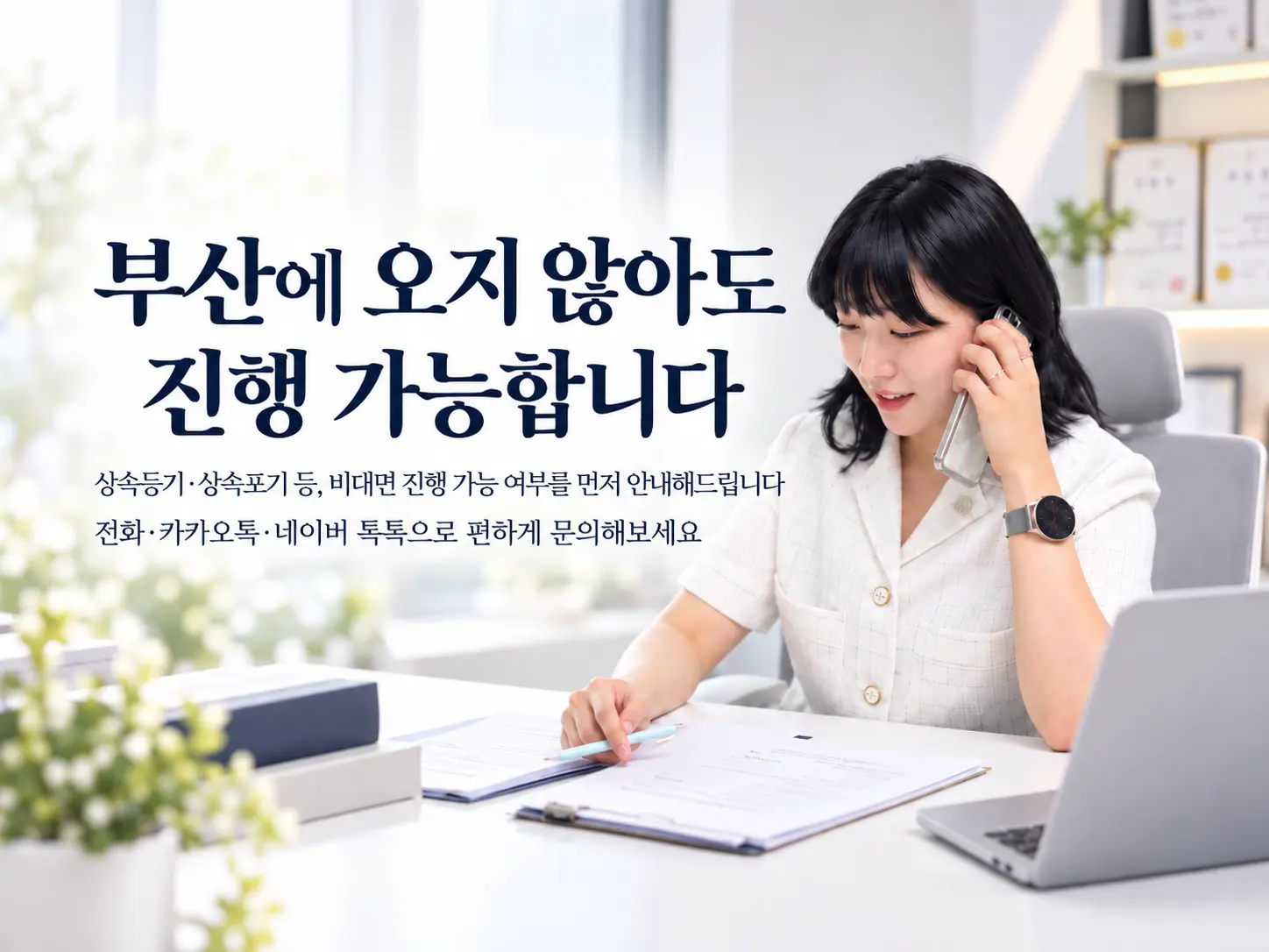 비대면 업무 안내 그림. 방문 없이 전화·메시지·서류 전달로 진행하는 순서를 보여 줍니다.